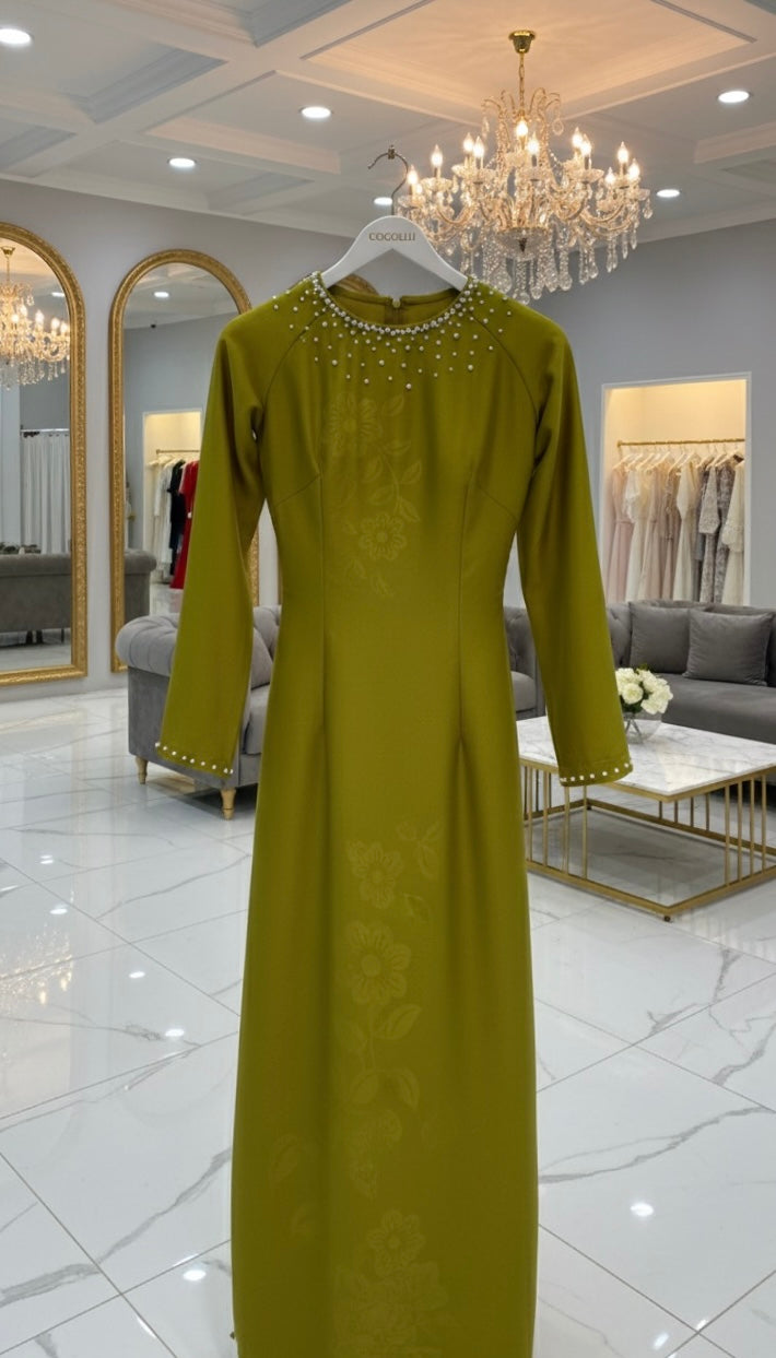 H276 1467 Áo only - Áo dài lụa ánh sao 4D đính cổ màu cốm