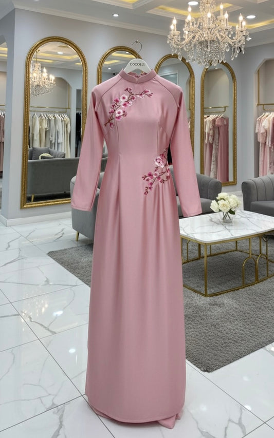 H291 1482 Áo only - Áo dài lụa valentino thêu hoa màu hồng phấn