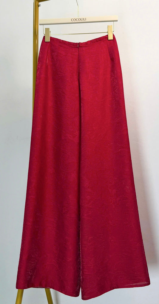 QK2 6058 - Quần suông thường lụa ánh kim tencel màu đỏ tươi