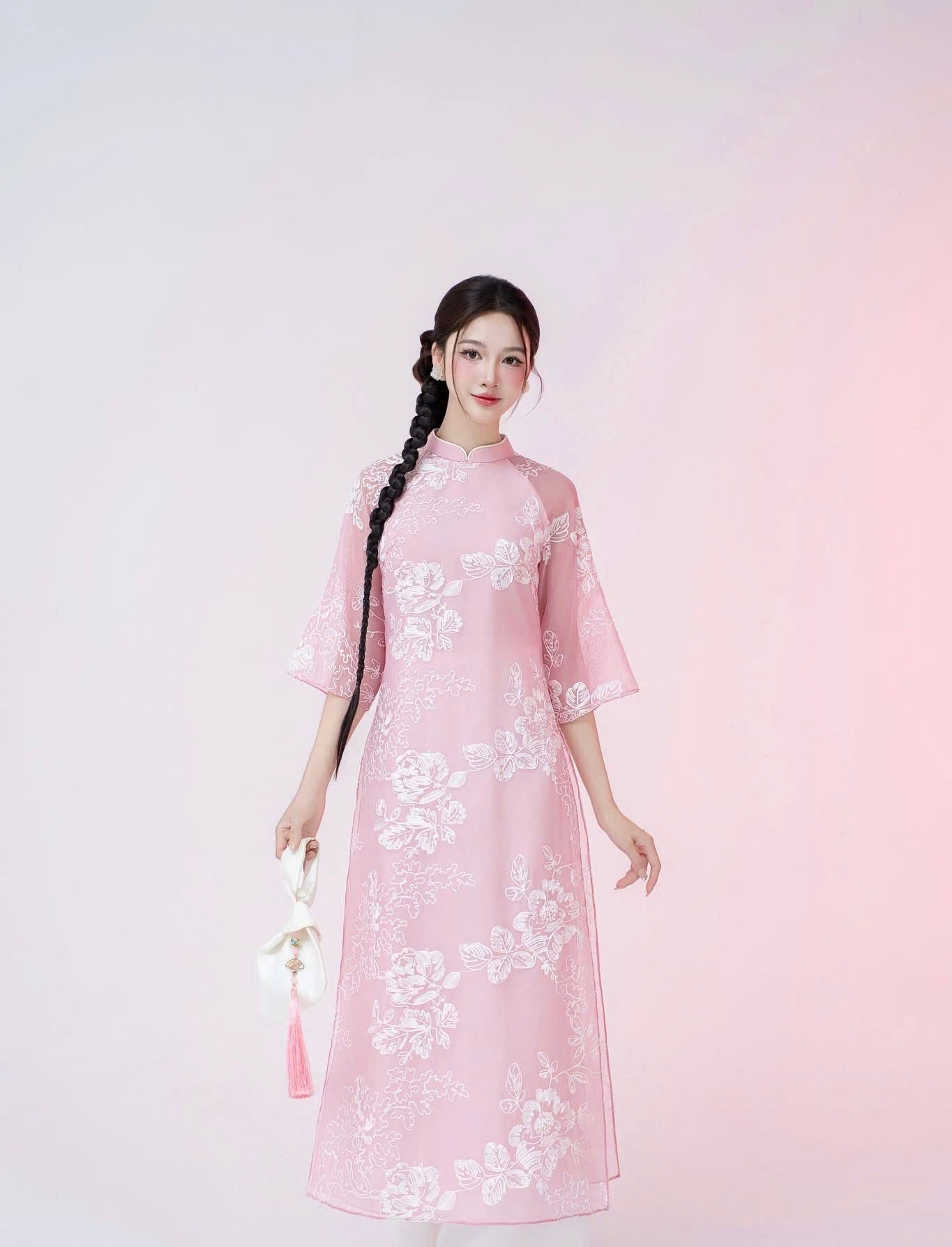 L1374 Áo only - Áo cách tân tơ màu hồng