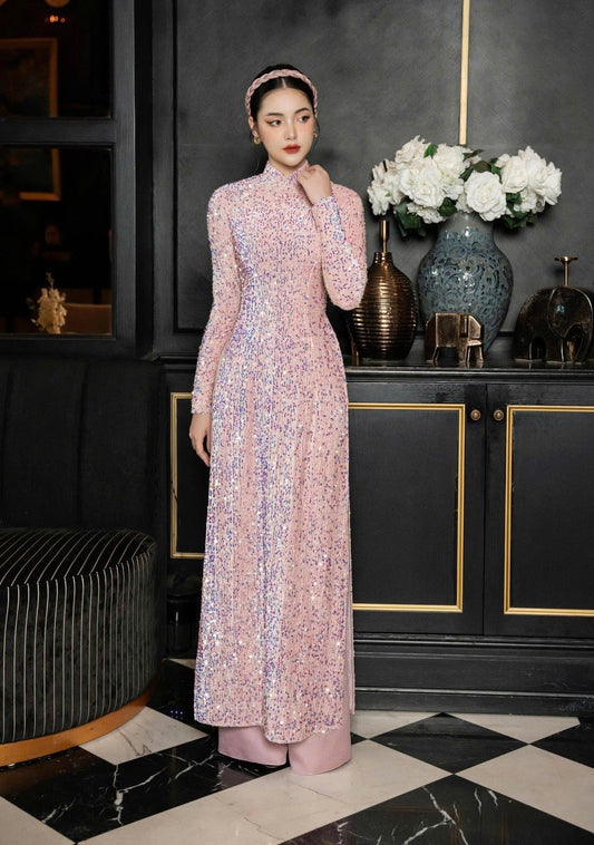 T415 3827 only áo - Áo dài truyền thống nhung kimsa màu hồng nhạt