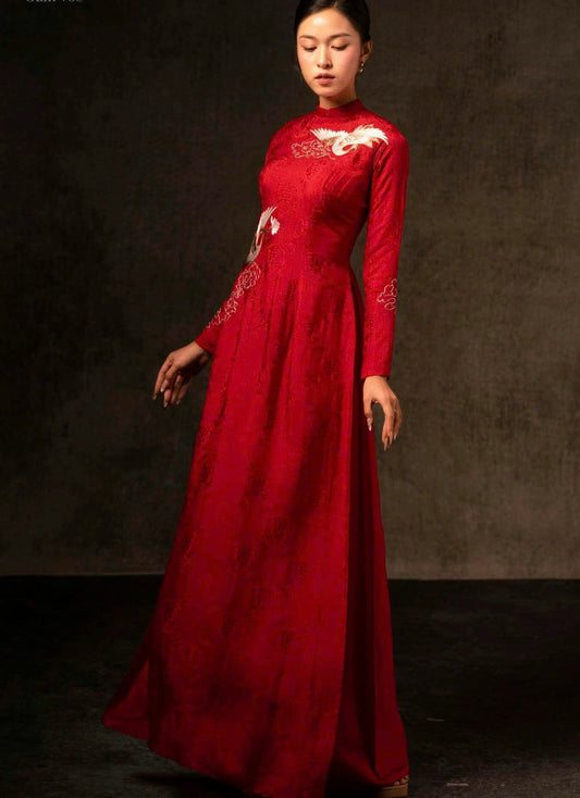 M175 Áo + quần đỏ - Áo dài mẹ dáng truyền thống lụa thọ dơi màu đỏ
