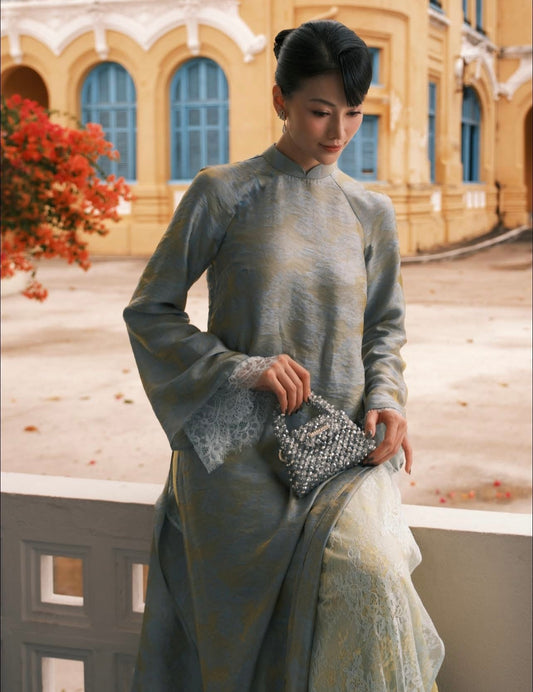 M430 Áo + quần ren 2 lớp - Áo dài dáng suông 4 tà tằm ánh kim tencel lót ren màu xanh