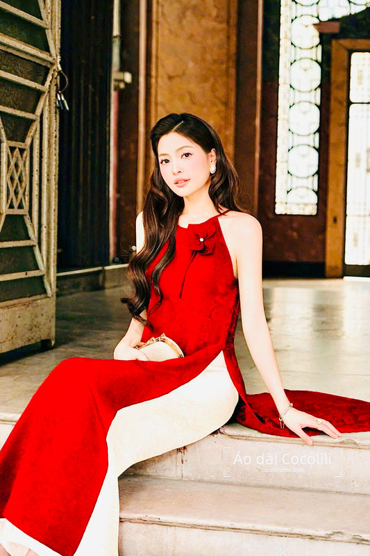 M386 Yếm đỏ + quần trắng - Set yếm dáng suông tằm ánh kim tencel đính hoa