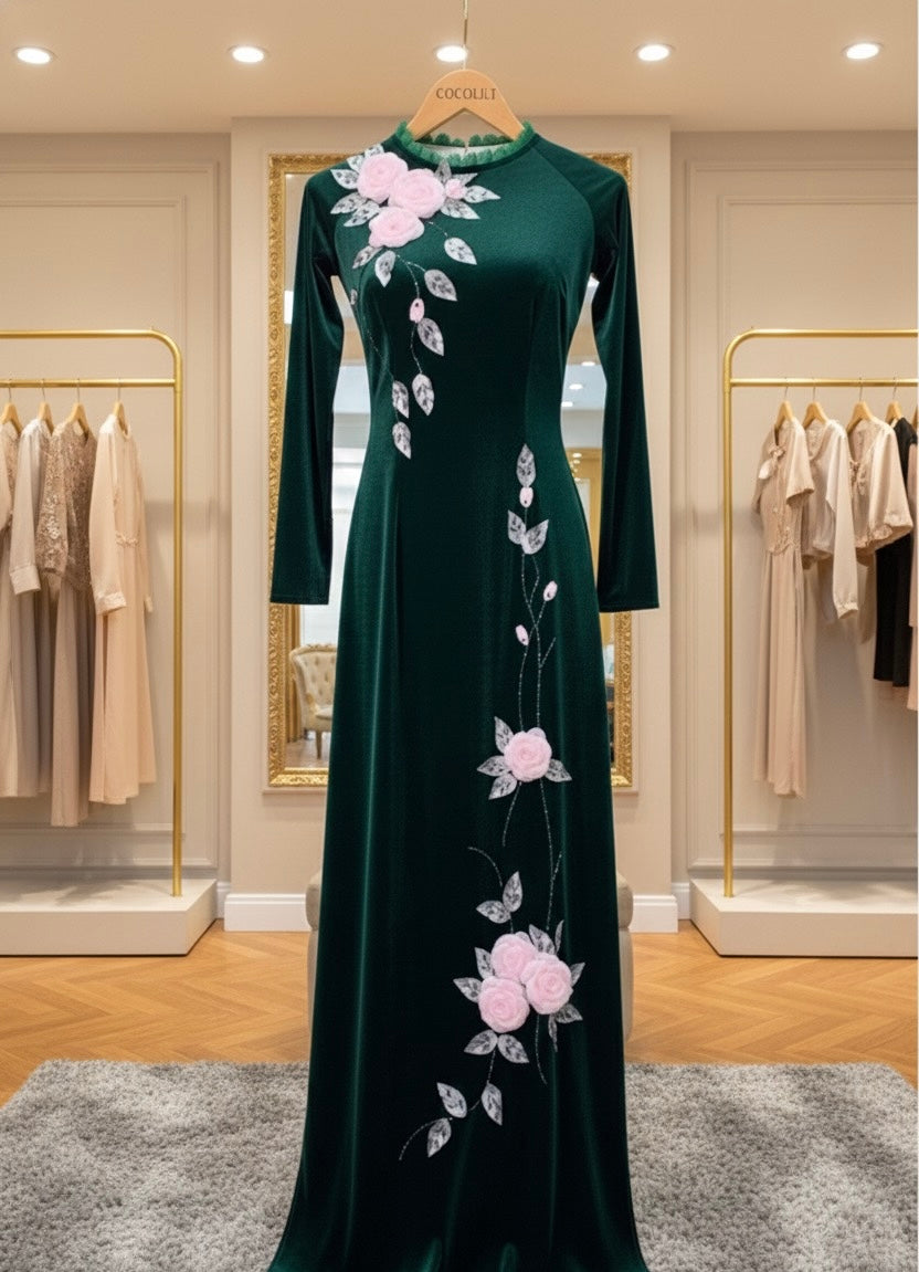 H369 1650 Only Áo - Áo nhung xanh rêu đính hoa nổi