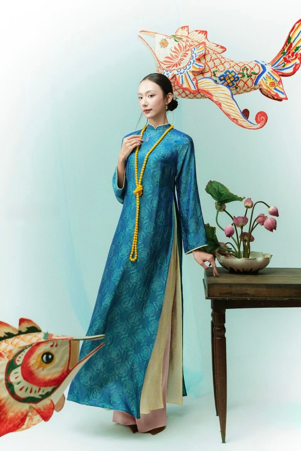 K260 Áo only no pants - Áo dài dáng suông lụa gấm thọ dơi 4 tà