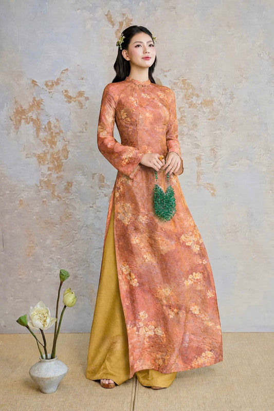 K304 6047 Áo only no pants - Áo dài chiết eo lụa tằm màu cam