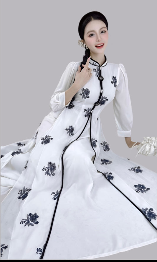 AD2891 Áo only - Áo dài 4 tà hoa cẩm đen