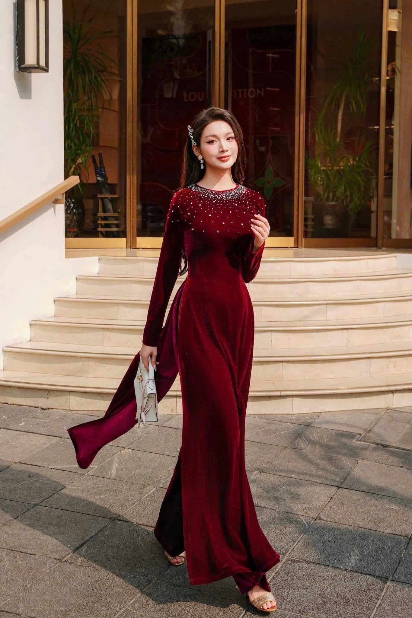 H327 Áo only - Áo dài nhung đính kết cổ màu đỏ đô