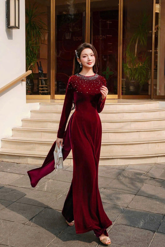 H327 Áo only - Áo dài nhung đính kết cổ màu đỏ đô
