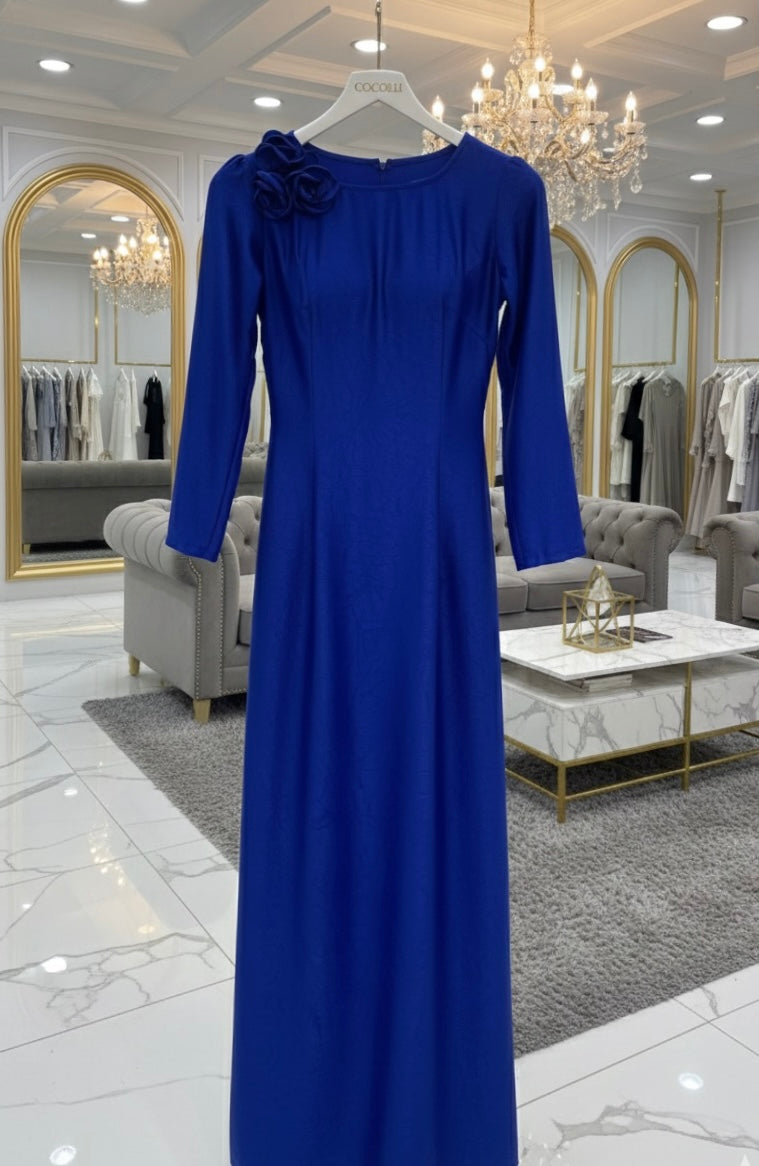 H318 1508 Áo + quần - Áo dài lụa hà lan đính hoa màu xanh coban