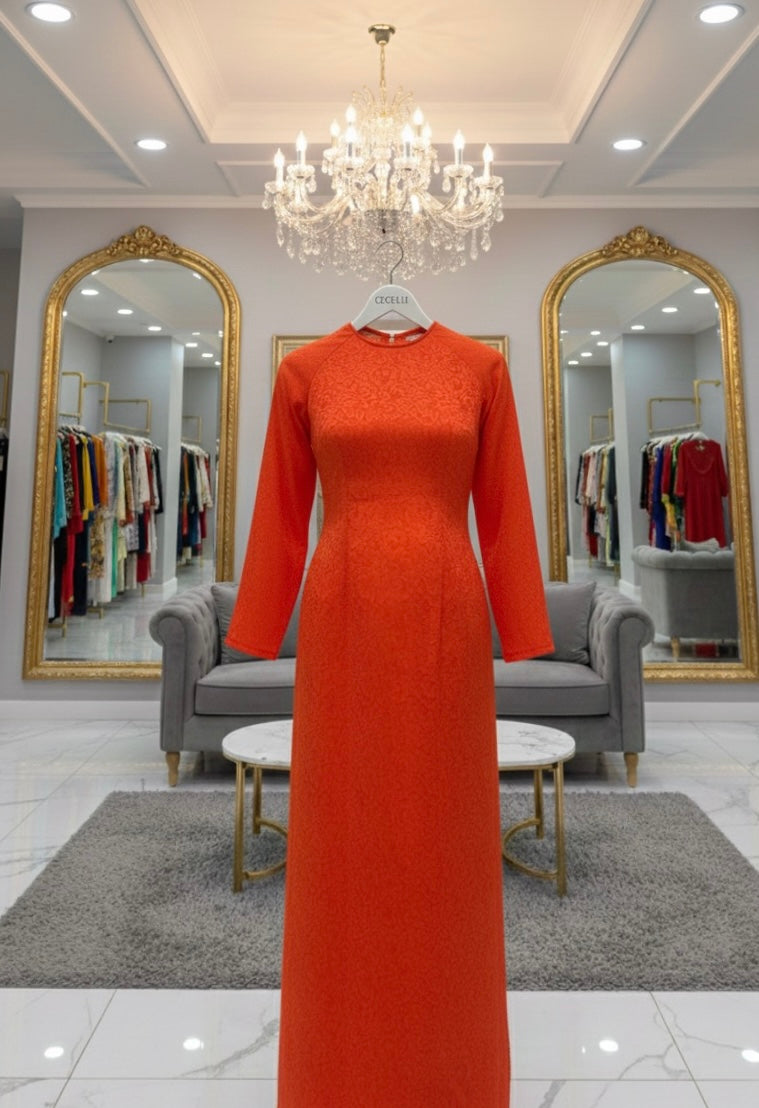 H270 1461 Áo only - Áo dài lụa gấm màu cam