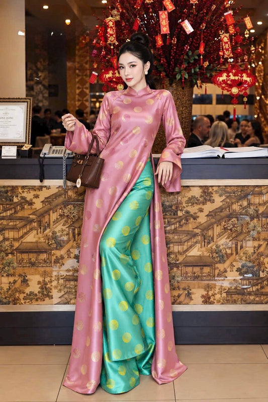 K349 Áo only no pants - Áo dài dáng suông 2 tà chấm bi hồng