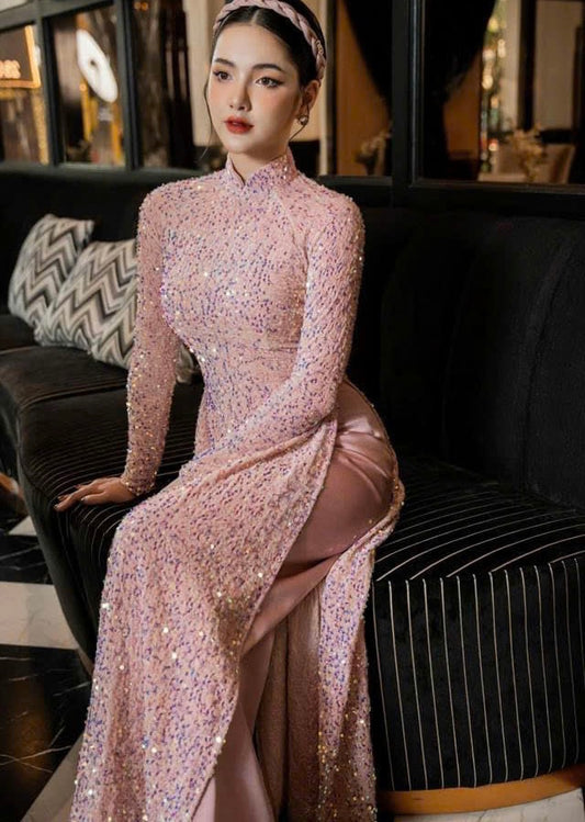 T415 3827 only áo - Áo dài truyền thống nhung kimsa màu hồng nhạt