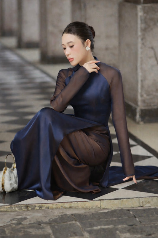 M540 3736 Áo + quần cùng chất - Áo dài truyền thống chiết li eo lụa double silk màu xanh than