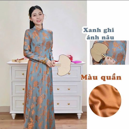 H767 4103 Áo + quần lụa - Áo dài dáng truyền thống silk óng ánh nâu