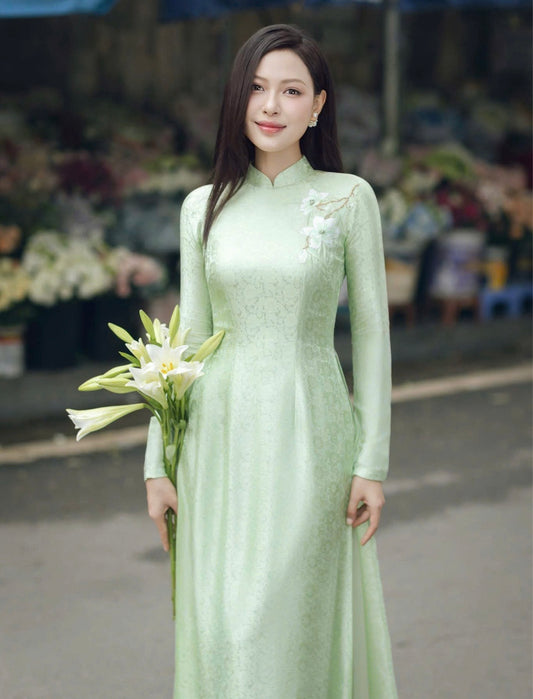 HD104 - Áo dài Lụa hà đông cao cấp thêu hoa xanh ngọc