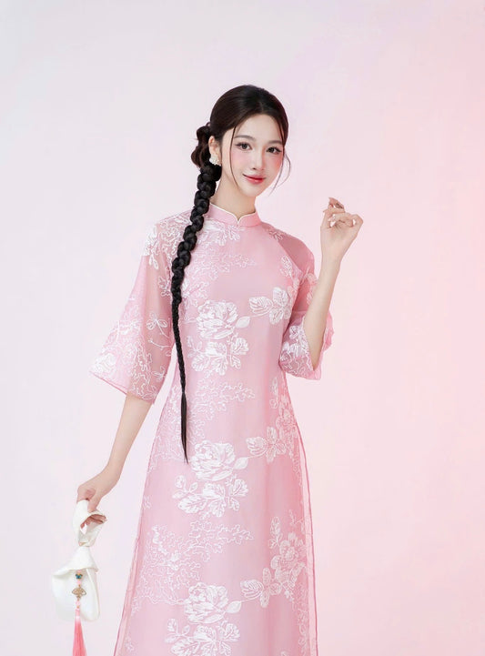 L1374 Áo only - Áo cách tân tơ màu hồng