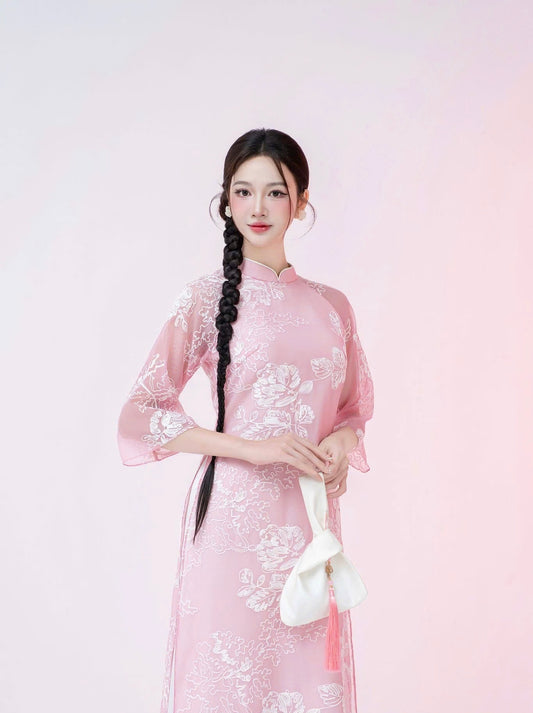 L1374 Áo only - Áo cách tân tơ màu hồng