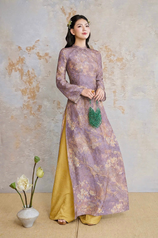 K305 6042 Áo only no pants - Áo dài chiết eo lụa tằm màu tím