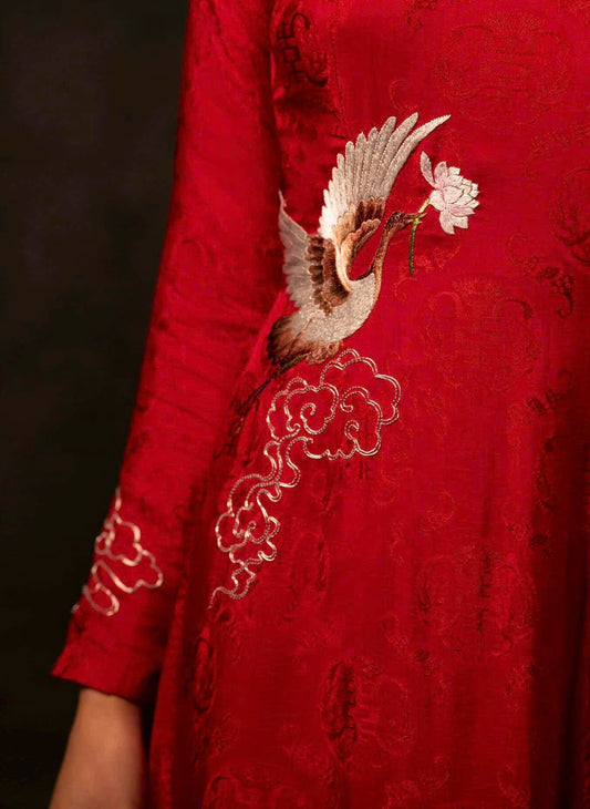 M175 Áo + quần đỏ - Áo dài mẹ dáng truyền thống lụa thọ dơi màu đỏ