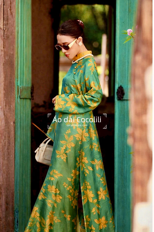 M539 3672 Áo + quần cùng chất - Áo dài lụa silk óng quý châu màu xanh