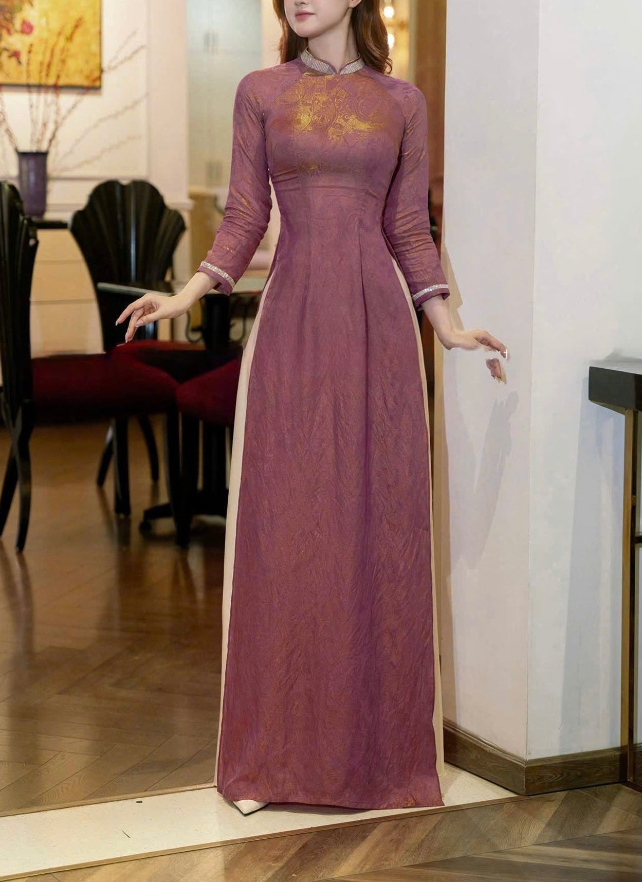 H709 3926 Áo only no pants - Áo dài dáng truyền thống chiết li eo tằm ánh kim tencel màu tím cẩm