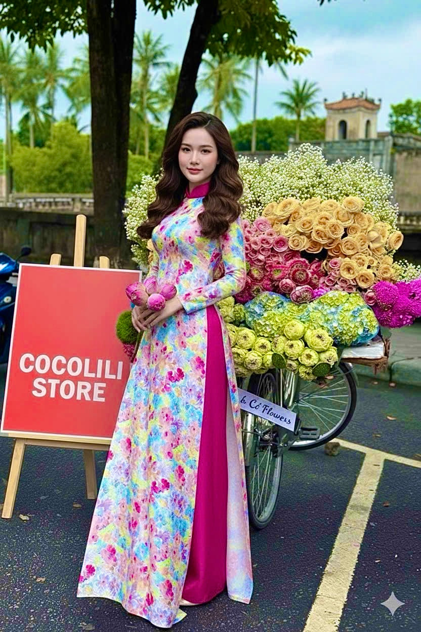 H186 Áo only - Áo dài lụa hoa mai in 3D hoa hồng sen