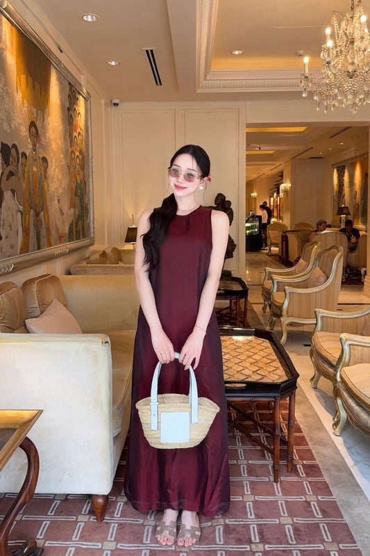 V03 4070 - Đầm lụa tằm double silk đỏ đậm