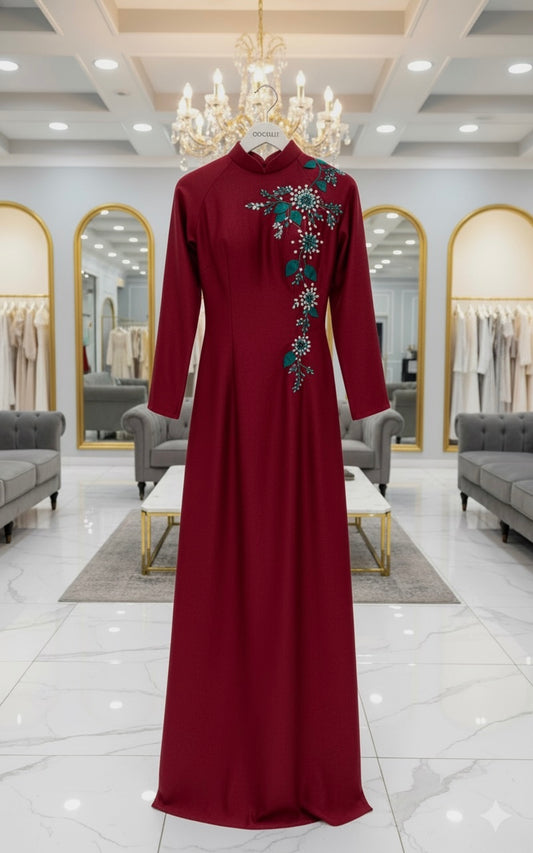 S214 1488 Áo + quần - Áo dài lụa hà lan đính kết màu đỏ