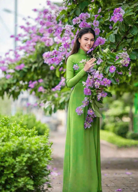 C08 Áo + quần - Áo dài 4 tà chiffon trơn xanh lá
