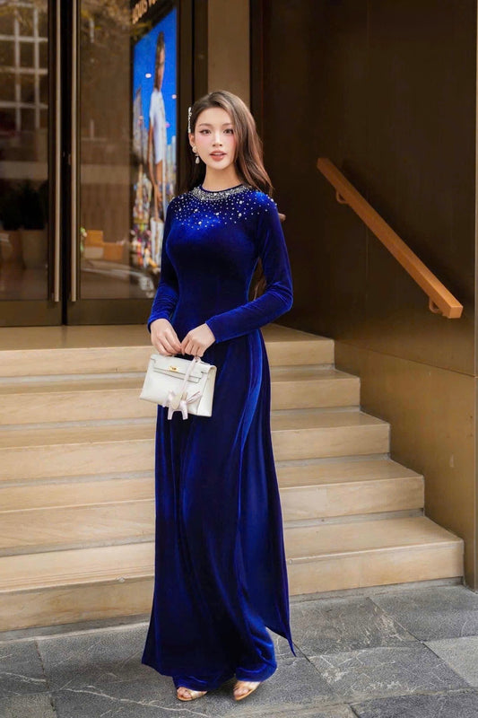 H326 Áo only - Áo dài nhung đính kết cổ màu xanh coban