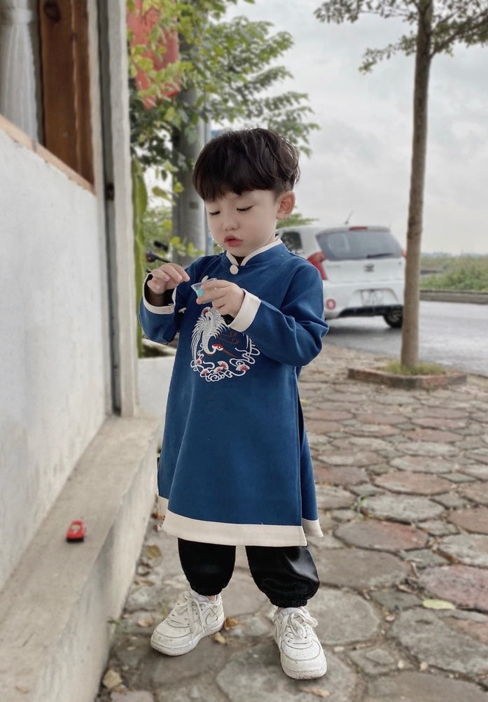 BT103 Áo only no pants - Áo dài bé trai nhung tăm thêu màu xanh than