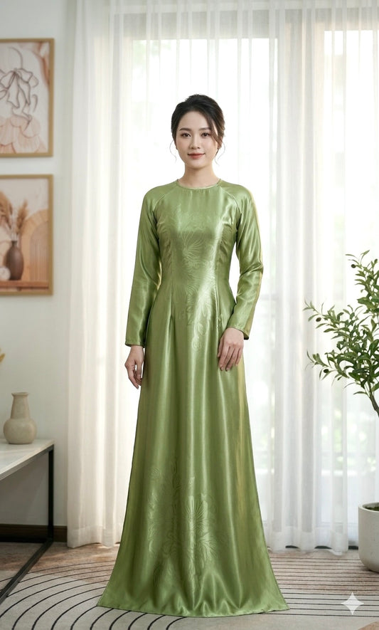 H784 4195 Áo only no pants - Áo dài lụa mã não 4D màu xanh bơ