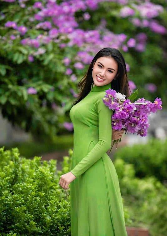 C08 Áo + quần - Áo dài 4 tà chiffon trơn xanh lá