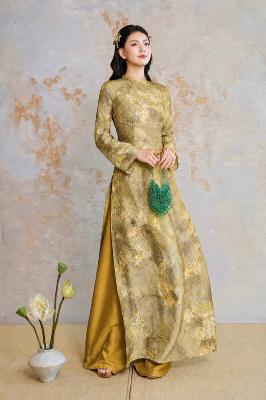 K303 6048 Áo only no pants - Áo dài chiết eo lụa tằm màu xanh cốm