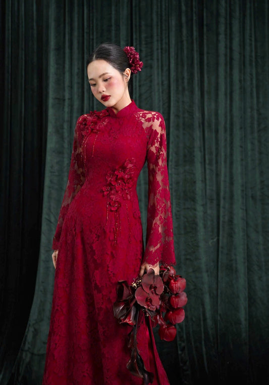 H580 Áo only - Áo ren đỏ đính hoa nổi cao cấp