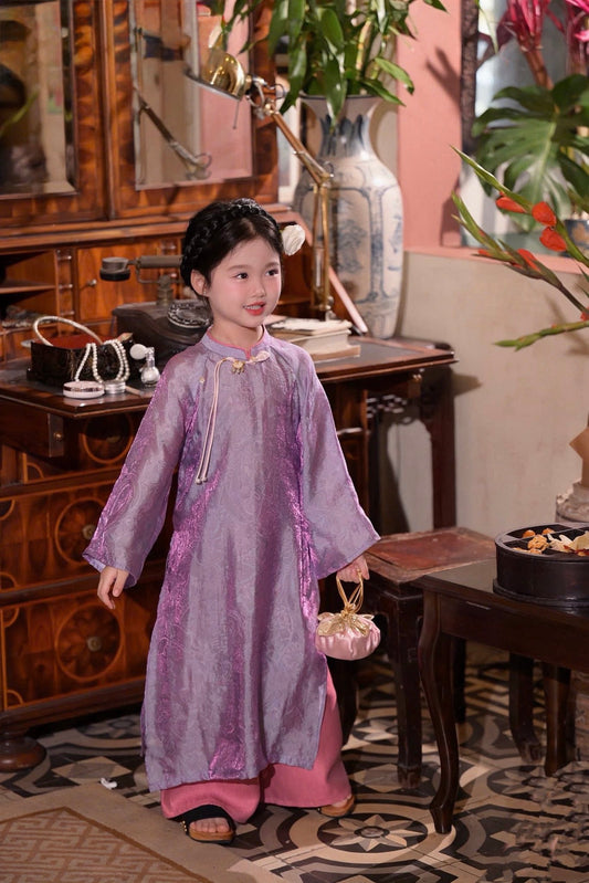 BG116 Áo + quần - Áo dài bé gái lụa tằm ánh kim tencel