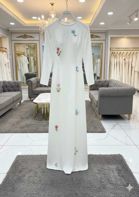 H261 1407 Áo only - Áo dài lụa valentino trắng thêu hoa