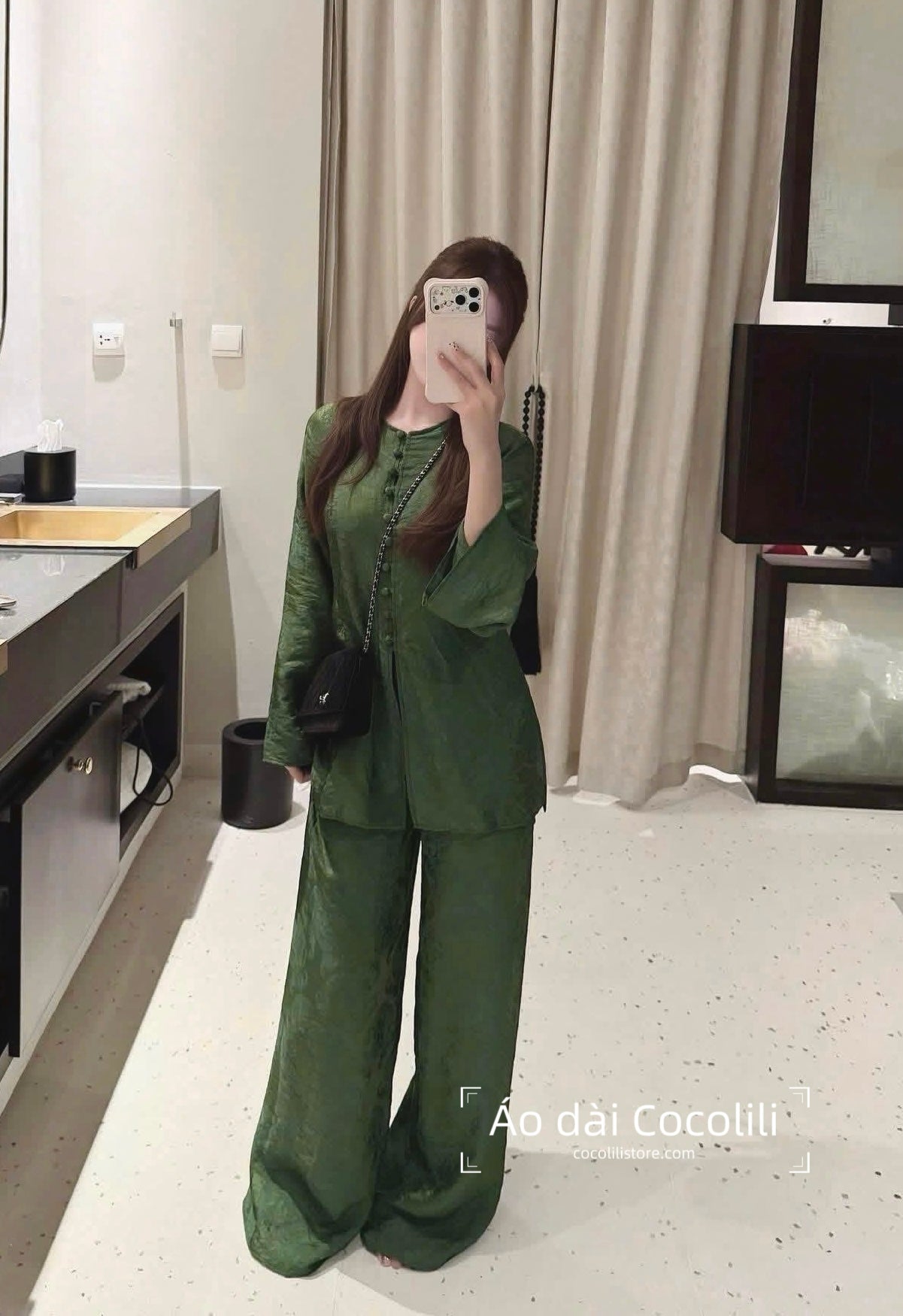BB69 3491 - Set bà ba tằm tencel ánh kim thọ dơi màu xanh lá