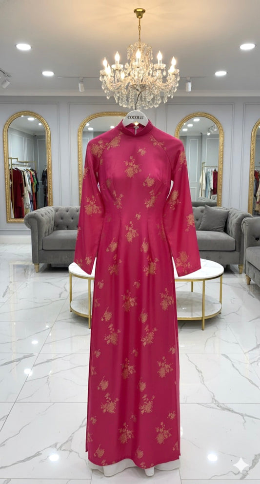 H272 1463 Áo only - Áo dài tơ tằm 2 da hồng ánh vàng