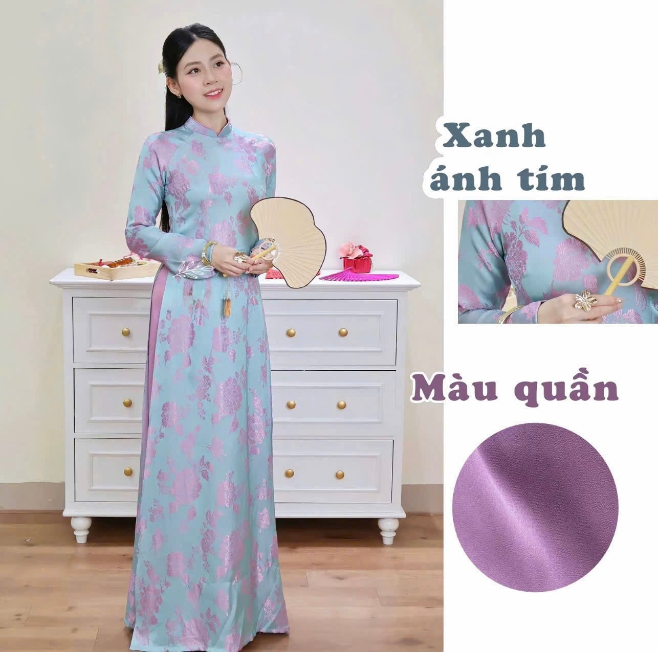 H766 Áo + quần lụa - Áo dài dáng truyền thống silk óng
