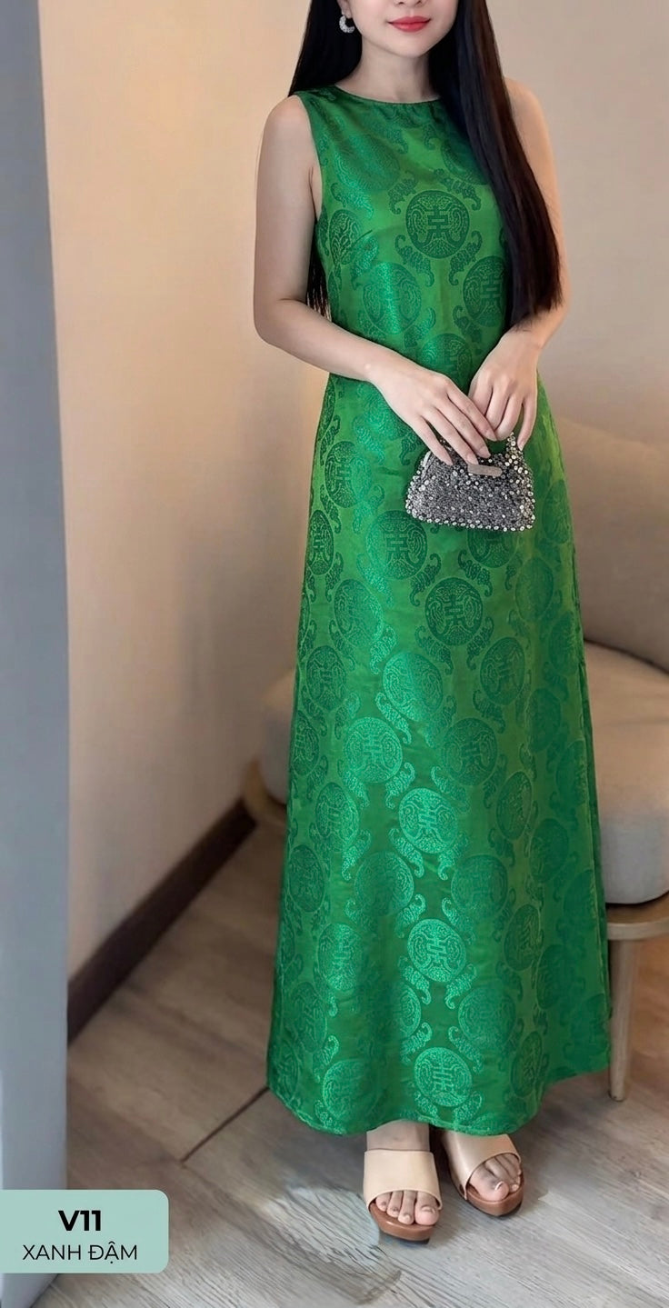V11 4366 - Đầm dáng dài lụa ánh kim tencel thọ dơi màu xanh lá