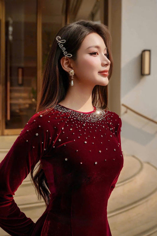 H327 Áo only - Áo dài nhung đính kết cổ màu đỏ đô