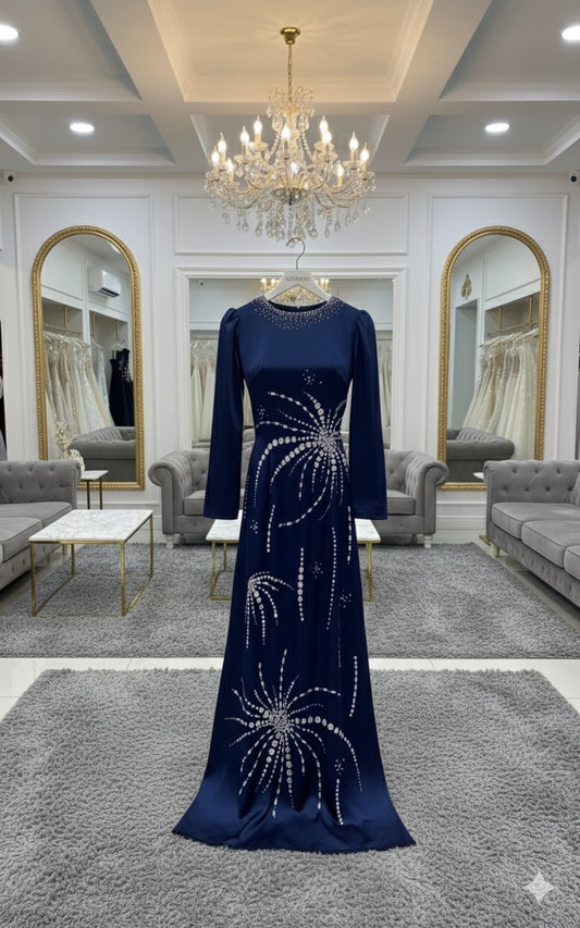 H195 Áo only - Áo dài lụa valentino xanh than đính kết