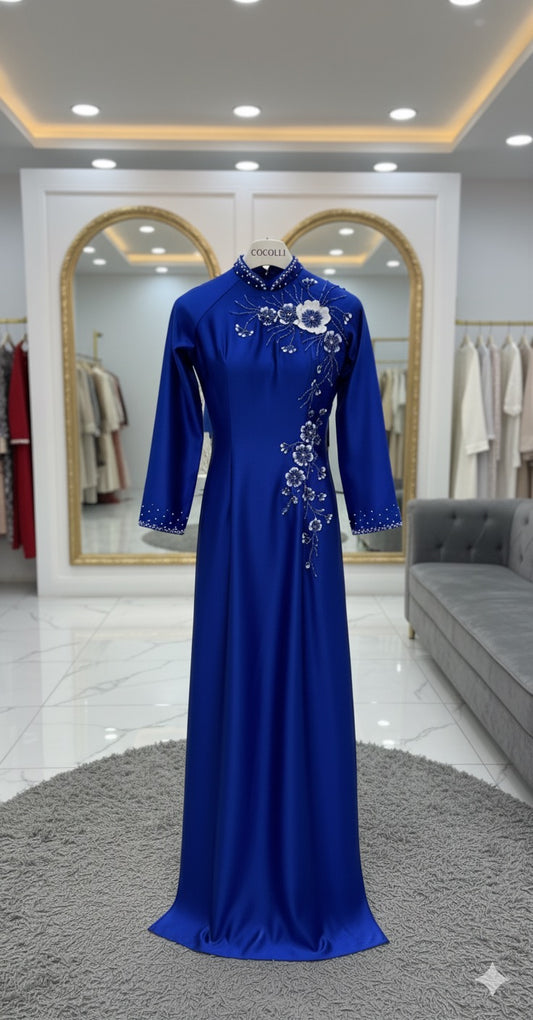 H251 1397 Áo only - Áo dài lụa valentino đính kết màu coban