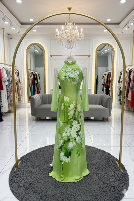 H247 1394 Áo only - Áo dài lụa hoa mai màu xanh lá