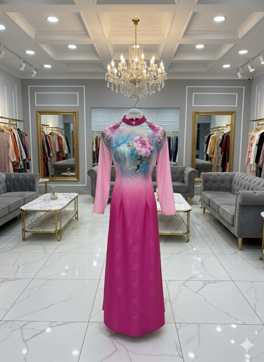 H246 1393 Áo only - Áo dài lụa hoa mai màu hồng