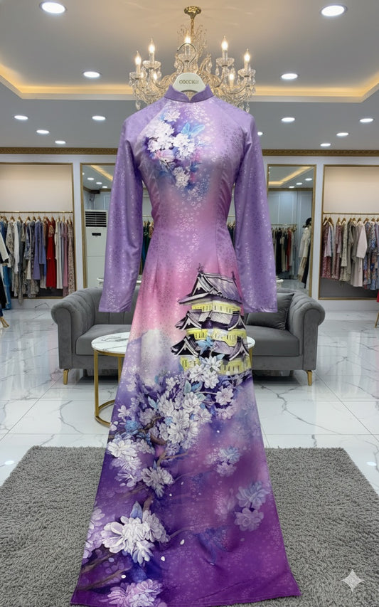 H244 1391 Áo only - Áo dài lụa hoa mai in cúc đại đoá