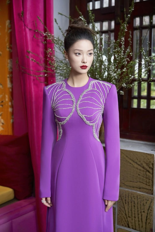 S190 Only Áo - Áo dài Chiffon 4 tà màu tím cà đính kết